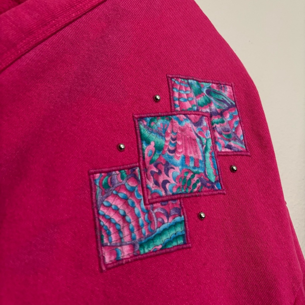 Jerzees Pink Sweatshirt Pocketed Cardigan Size Large Embroidered Abstract Print - Picture 3 of 9
